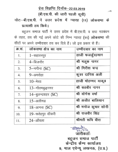 BSP releases 1st list of 11 candidates for LS polls
