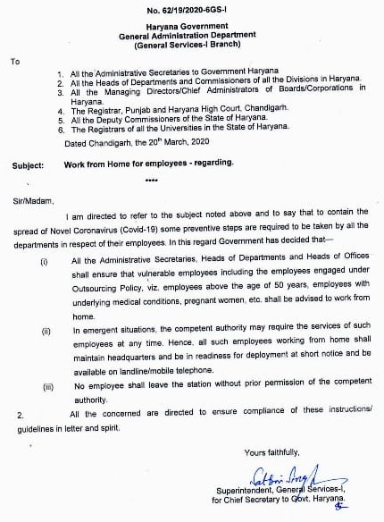 Government of Haryana instructs few above 50 yr employees to work from home