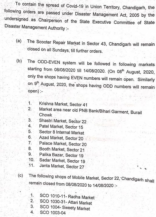 Fresh orders by Chandigarh administration regarding opening and closing Shopss