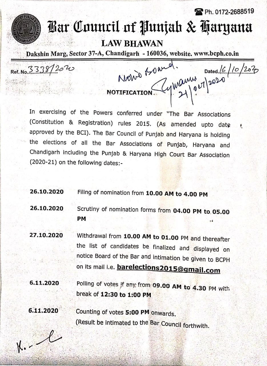 Bar Council of Punjab and Haryana decides to hold all Bar Elections from Oct 26