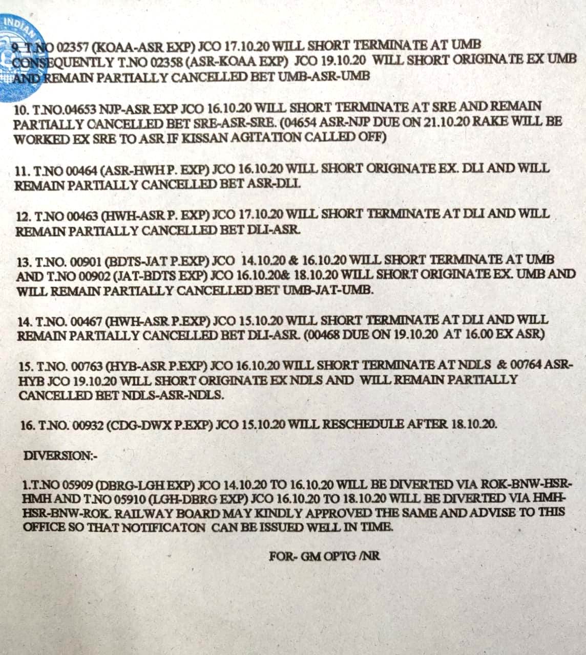 Railways issue three days train handling plan